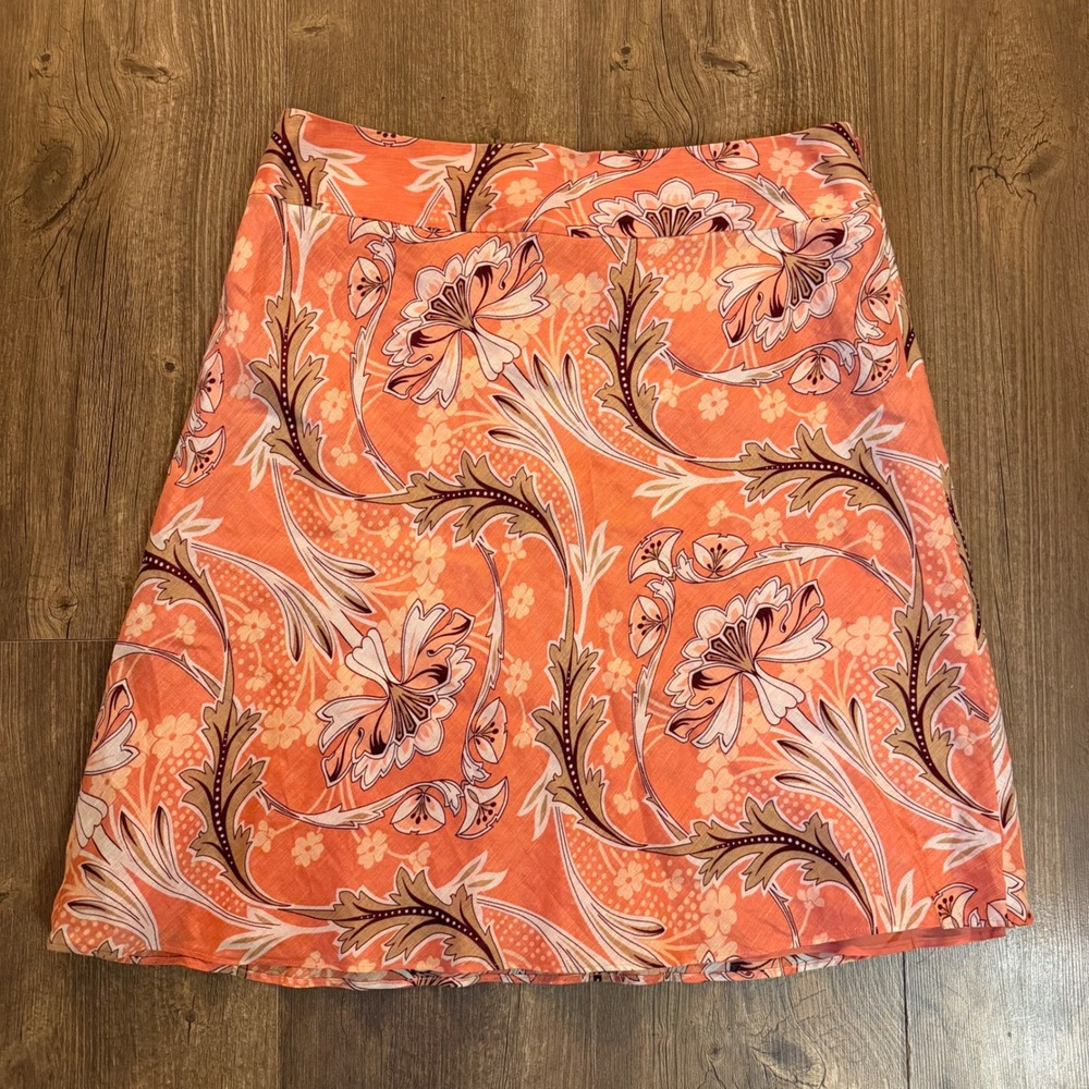 Ann Taylor LOFT Skirt Coral Orange Floral Linen Silk‎ Blend Womens Size 10